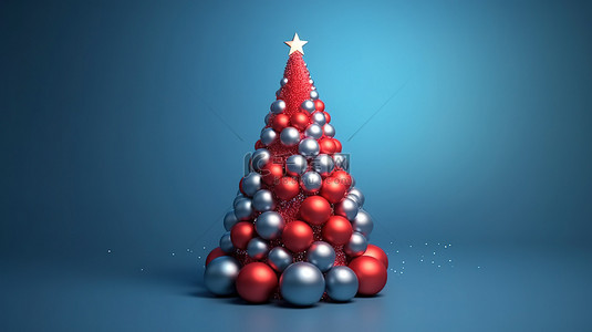 喜庆蓝色背景图片_传统的蓝色背景，配有喜庆的红色圣诞树和充足的复制空间，传播圣诞快乐和 3D 渲染的欢乐新年的欢呼声