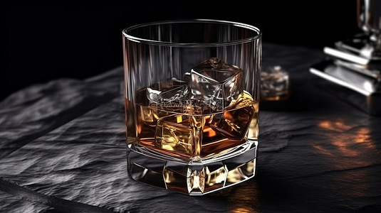 3D 渲染的黑煤背景与一杯威士忌