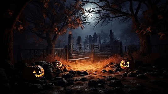 月亮月亮背景图片_幽灵般的墓地 3D 渲染与杰克奥灯笼墓地和死树完美的万圣节背景