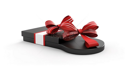 现代凉鞋从礼品盒中弹出，白色背景上带有红丝带 3D 渲染