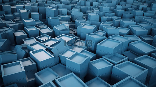 物流箱标签背景图片_许多蓝色纸板箱以 3D 形式渲染，混合了开放和封闭的形状