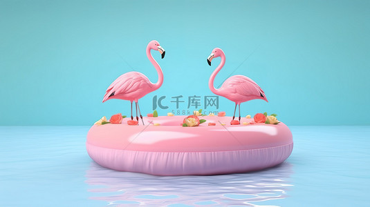 旅行粉色背景图片_火烈鸟漂浮在柔和的粉色和蓝色背景上的讲台的 3D 渲染，非常适合夏季旅行