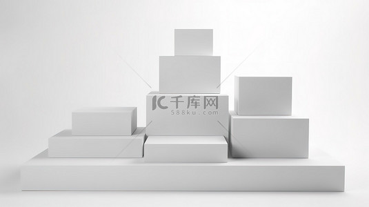 营销执行方案背景图片_在白色平台上隔离的 3D 渲染的一组产品展示盒的插图