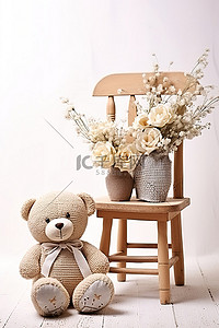 一只泰迪熊坐在带花瓶的木椅上