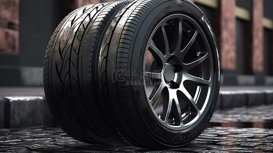 街道上的合金轮毂和黑色轮胎 3d 渲染