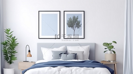 床头柜背景图片_卧室内部展示的模拟画框，配有深蓝色枕头床头柜植物和白墙 3D 插图