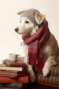 一只狗坐在书旁边，戴着围巾