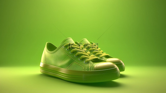 绿色的运动鞋背景图片_鞋底时尚绿色运动鞋的 3D 渲染是一个明亮而引人注目的概念