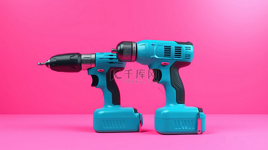 双色调风格的粉色背景增强了蓝色 3D 渲染的可充电和无绳电钻