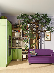 客厅配有彩色沙发和紫色橱柜