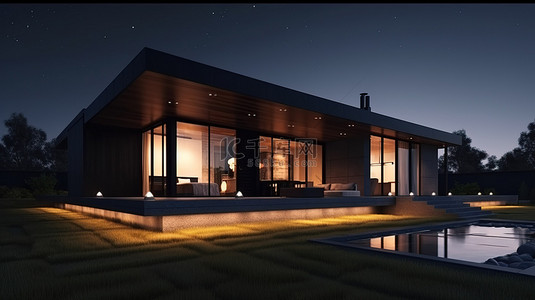 高档住宅背景图片_高档现代住宅的夜间 3D 描绘，拥有郁郁葱葱的花园和光滑的混凝土人行道
