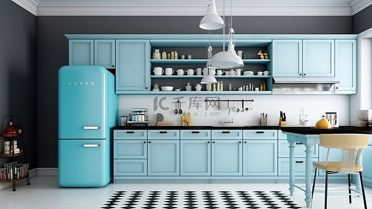 优雅的厨房配有蓝色冰箱和黑色粉笔墙，白色配色方案 3d 渲染