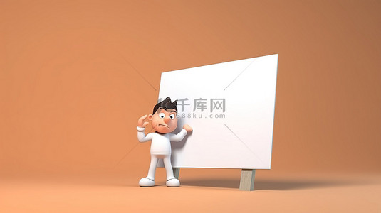 拿着空白广告板的卡通人物的 3d 插图