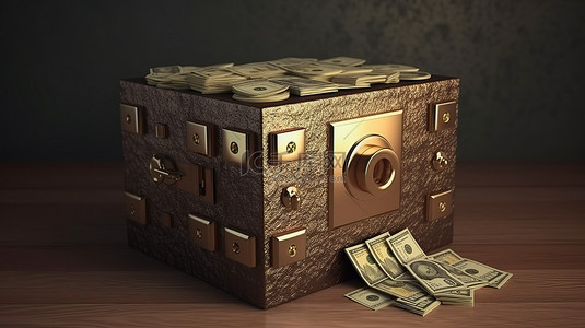png字母背景图片_纸袋中装有现金和硬币的安全存款箱的 3D 渲染