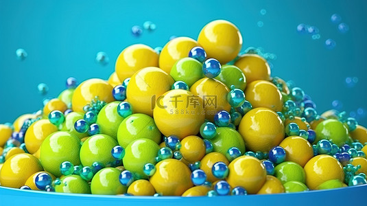 蓝色冰水背景图片_3d 创建的蓝色背景上带有充满活力的彩色球体的清爽酸橙汁