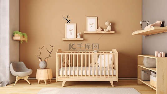 婴儿合影背景图片_3d 渲染的木制婴儿床托儿所内部