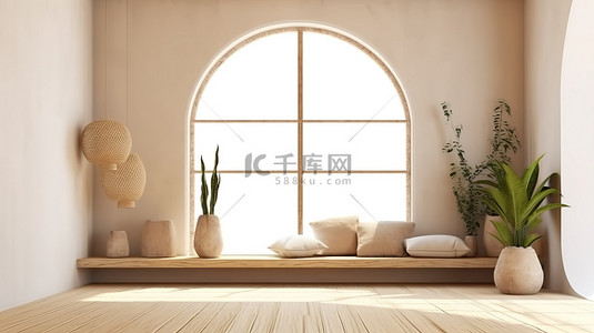 简约的室内设计，在轻松的公寓 3D 渲染中配有空墙装饰