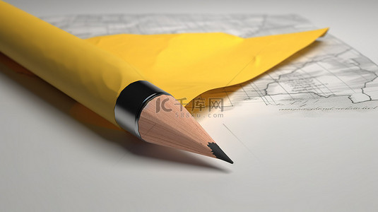 充满活力的 3D 黄色铅笔放在一张原始的纸上