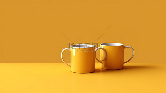 黄色饮料背景背景图片_一对时尚的 3D 黄色咖啡杯，在极简主义背景下进行模型展示