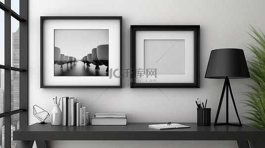 时尚的工作空间在别致的家庭办公室内部背景上设置模拟框架，采用黑色和灰色色调 3D 渲染