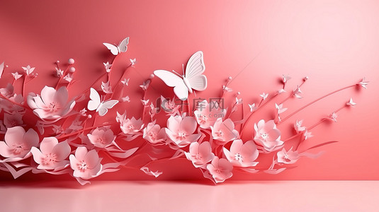 植物蝴蝶背景图片_茉莉花和蝴蝶重音 3d 粉红色抽象渲染