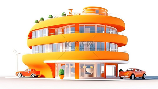 橙色的当代酒店结构，配有卡通汽车和 3D 呈现的街道