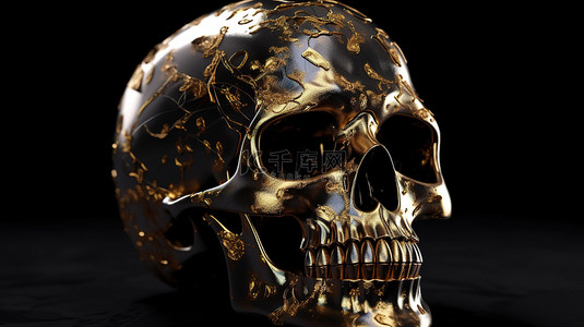 神秘黑金背景图片_黑色背景，镀金彩绘头骨的 3D 渲染和神秘触感