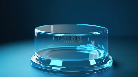 带圆框纪念板的蓝色玻璃基座 3d 在孤立的蓝色背景上渲染