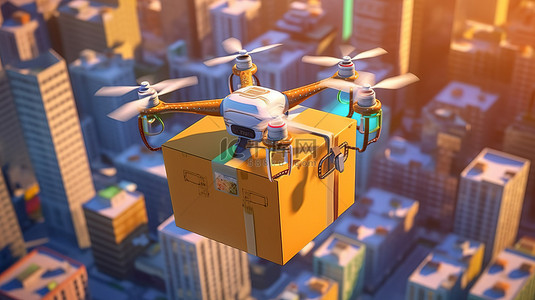 无人机将包裹运送到市区的 3D 渲染
