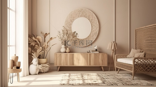 室内场景的柔和色调放松 3D 渲染，带有木制控制台和大框架模型中的波西米亚编织地毯