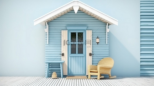 舒适小屋正面的 3D 渲染，配有蓝色木板墙和白色背景上时尚的藤椅