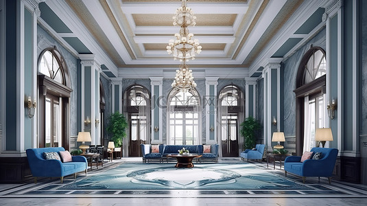维多利亚时代风格的豪华酒店大堂内部的优雅 3D 渲染