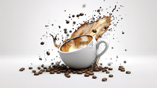 白杯满溢黑咖啡和咖啡豆切出图像 3D 渲染