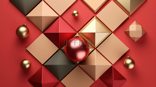 节日平躺抽象红色和金色几何形状以 3D 呈现