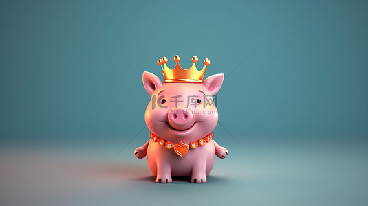 猪肉卡通背景图片_3D 插图中带有王冠的异想天开的小猪