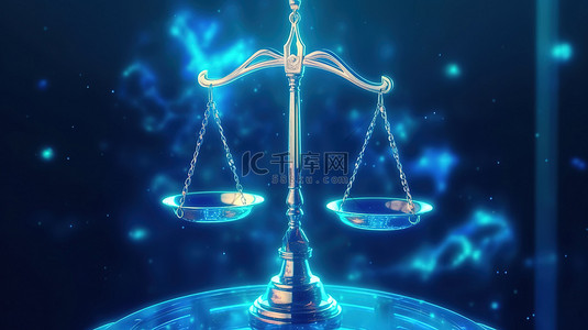 蓝色背景上司法尺度全息图的 3D 渲染描绘了判决法院和司法概念