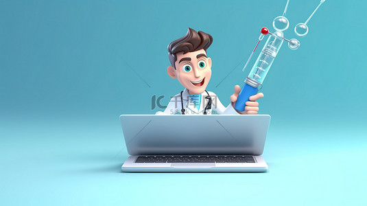医生电脑背景图片_一位男医生在笔记本电脑屏幕上拿着大注射器的卡通风格 3D 插图