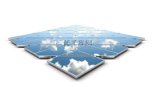 背景用电背景图片_白色背景上云反射的孤立太阳能电池板的 3D 插图