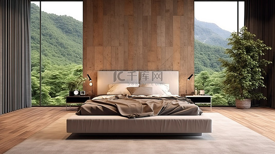 旅馆房间背景图片_带有木质装饰的时尚阁楼风格卧室的 3D 视觉效果