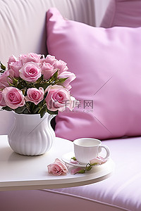 粉色碟子背景图片_一张沙发，配有粉色坐垫粉色玫瑰和一个空茶杯