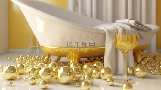 豪华浴缸，配有金脚白球和酒瓶 3D 渲染插图