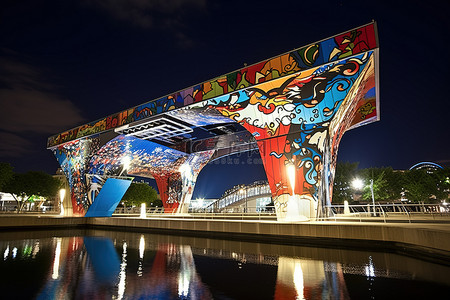夜间水景上的一座彩色大桥