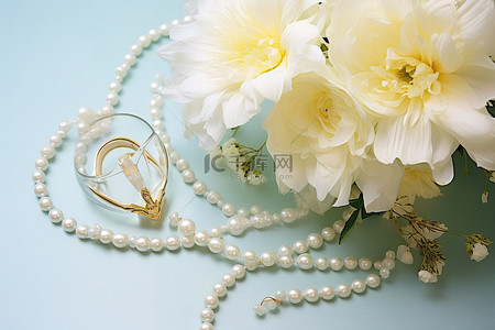 珍珠项链珍珠项链背景图片_黄色背景上的白色花朵和珍珠项链