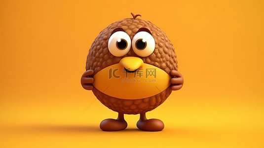 黄色背景展示 3D 渲染的吉祥物人物拿着一个带有棕色鸡蛋主题的篮球