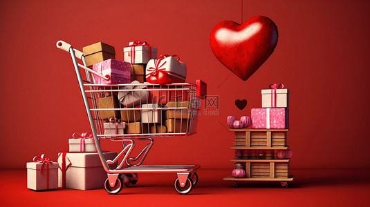 圣诞篮子背景图片_心形和礼品装满的购物车 3D 渲染的手推车充满了打折的发现