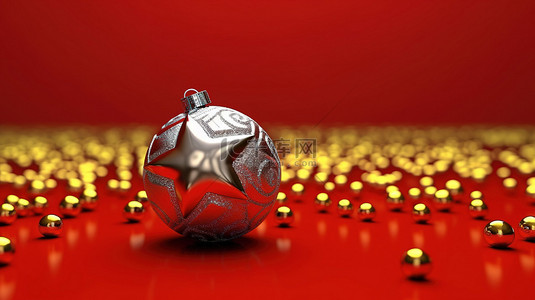 新年海报星星背景图片_圣诞节和新年的节日装饰闪闪发光的金银球与耀眼的星星在充满活力的红色背景上以 3D 可视化