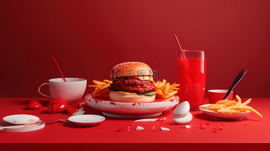 简约的红色背景背景图片_带汉堡和薯条的美式早餐插图，采用充满活力的红色背景简约设计