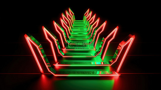 金融红色背景图片_日光下照亮的绿色和红色发光霓虹灯箭头的 3D 渲染
