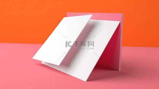空白白色小册子纸的 3D 渲染，在充满活力的粉色和橙色背景上为您的设计提供充足的空间
