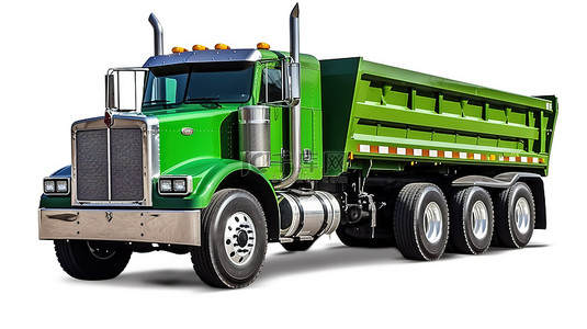 白色背景美国卡车的 3D 插图，配有自卸拖车，可实现高效散装货物运输
